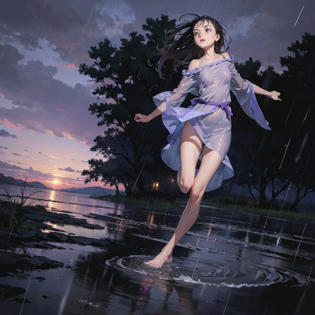 violet sky, shower, Hills, a thin girl with an exquisite, very beautiful face runs barefoot in the rain