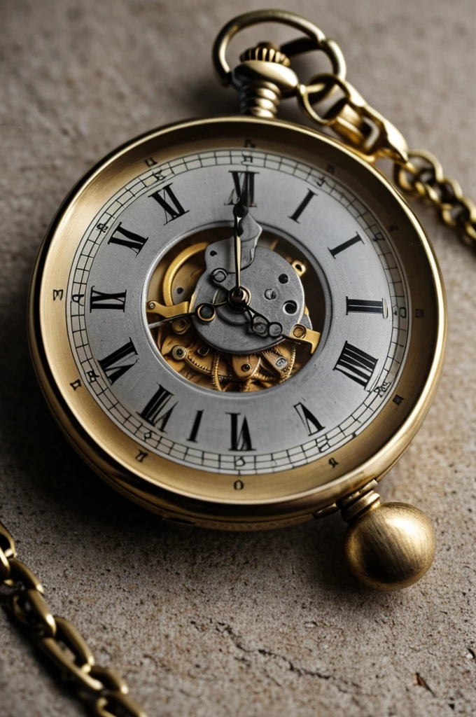 Create an image of an antique pocket watch with a dove pulling the chain and the background that has gray tones