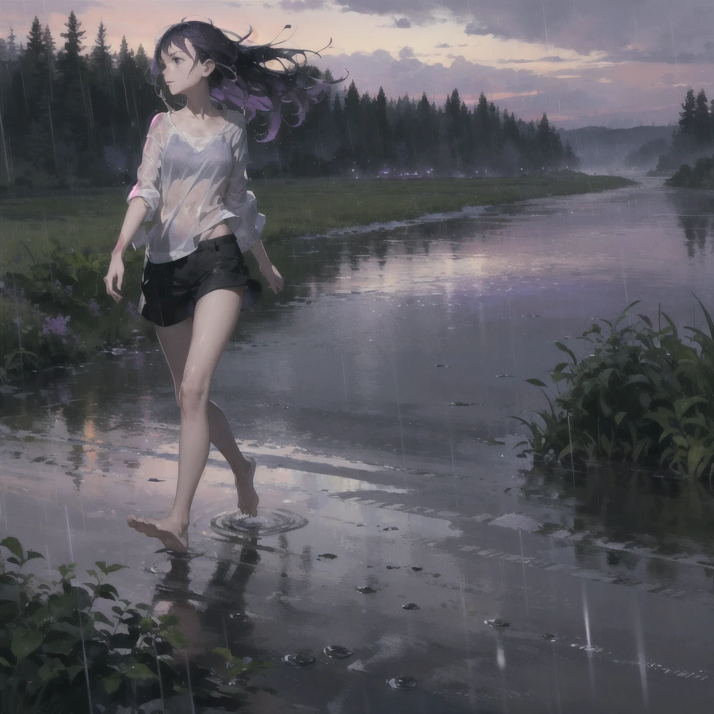 a thin girl with an exquisite, very beautiful face runs in the rain, purple wild sky, streams of rain, barefoot