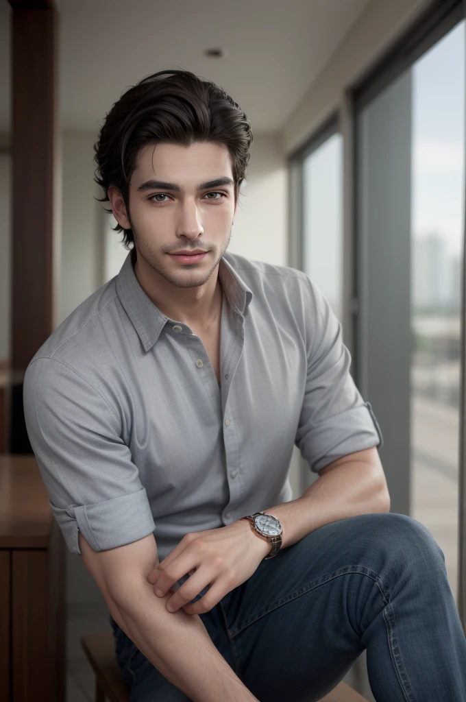 "Thiago Finch is a man of approximately 1,80m de altura, with an athletic and well-defined physical constitution. He has an oval face with well-defined lines, expressive dark brown eyes, and thick, well-shaped eyebrows. Your nose is straight and proportional to your face, and their middle lips often display a confident smile. Thiago usually wears a well-trimmed beard, ranging from a full beard to stubble. Her dark brown hair is short and well maintained., often styled with a slight pompadour or slicked back. He has light brown skin, with a healthy tone. Thiago is known for his elegant casual style, often wearing button-down shirts, branded t-shirts, jeans or tailored pants, and accessories such as luxury watches and discreet bracelets. He prefers neutral and sober colors, but can also be seen with pieces in more vibrant tones. Thiago is often photographed in sophisticated environments, like modern offices, business events, or outdoor locations that reflect a successful lifestyle, like beaches and resorts."