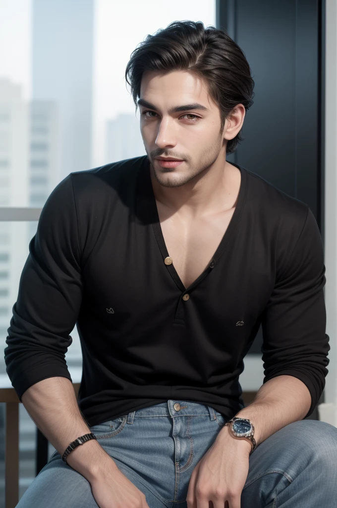 "Thiago Finch is a man of approximately 1,80m de altura, with an athletic and well-defined physical constitution. He has an oval face with well-defined lines, expressive dark brown eyes, and thick, well-shaped eyebrows. Your nose is straight and proportional to your face, and their middle lips often display a confident smile. Thiago usually wears a well-trimmed beard, ranging from a full beard to stubble. Her dark brown hair is short and well maintained., often styled with a slight pompadour or slicked back. He has light brown skin, with a healthy tone. Thiago is known for his elegant casual style, often wearing button-down shirts, branded t-shirts, jeans or tailored pants, and accessories such as luxury watches and discreet bracelets. He prefers neutral and sober colors, but can also be seen with pieces in more vibrant tones. Thiago is often photographed in sophisticated environments, like modern offices, business events, or outdoor locations that reflect a successful lifestyle, like beaches and resorts."