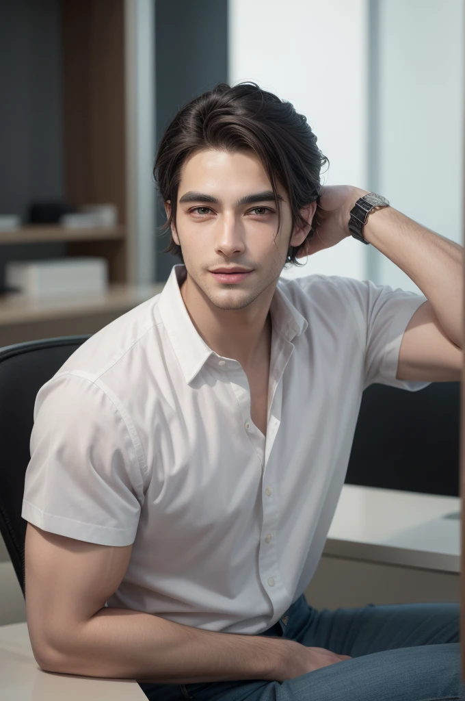 "Thiago Finch is a man of approximately 1,80m de altura, with an athletic and well-defined physical constitution. He has an oval face with well-defined lines, expressive dark brown eyes, and thick, well-shaped eyebrows. Your nose is straight and proportional to your face, and their middle lips often display a confident smile. Thiago usually wears a well-trimmed beard, ranging from a full beard to stubble. Her dark brown hair is short and well maintained., often styled with a slight pompadour or slicked back. He has light brown skin, with a healthy tone. Thiago is known for his elegant casual style, often wearing button-down shirts, branded t-shirts, jeans or tailored pants, and accessories such as luxury watches and discreet bracelets. He prefers neutral and sober colors, but can also be seen with pieces in more vibrant tones. Thiago is often photographed in sophisticated environments, like modern offices, business events, or outdoor locations that reflect a successful lifestyle, like beaches and resorts."