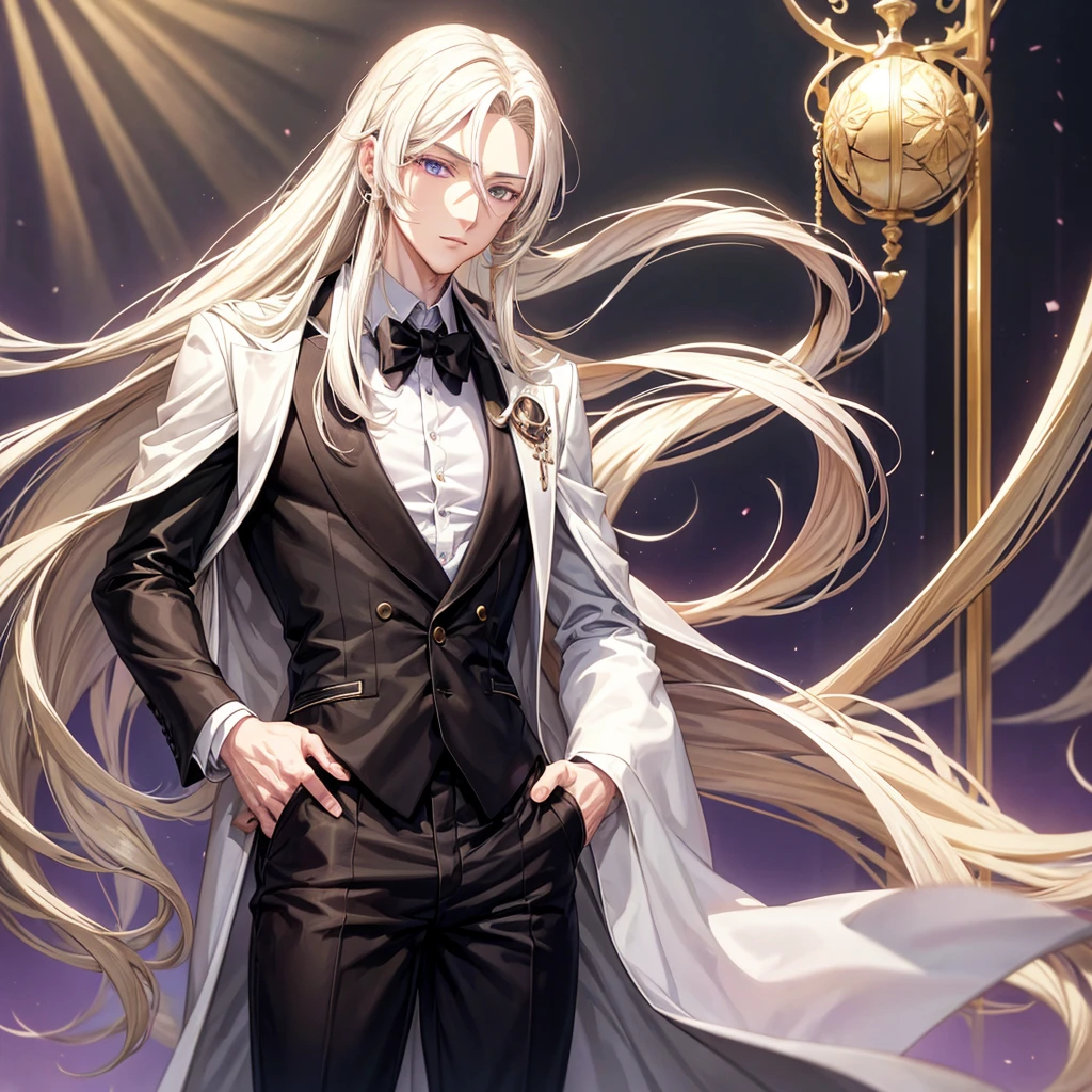 Anime ethnic German boy with long blond hair, long locks hanging in front, pale complexion, green left eye, purple right eye, hairless skin, white shirt, elegant brown suit, black pants, perfect rostri, handsome, attractive, with a gentle and dominant aura.