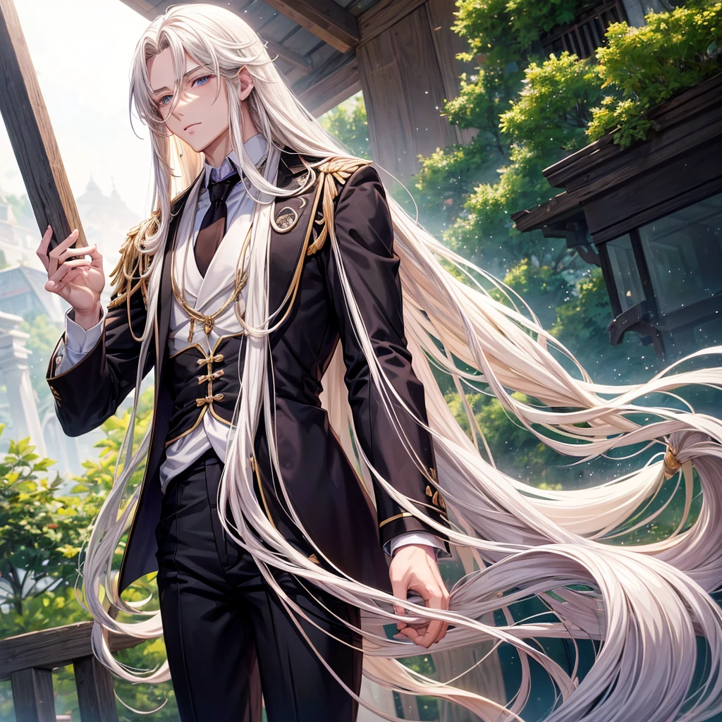 Anime ethnic German boy with long blond hair, long locks hanging in front, pale complexion, green left eye, purple right eye, hairless skin, white shirt, elegant brown suit, black pants, perfect rostri, handsome, attractive, with a gentle and dominant aura.