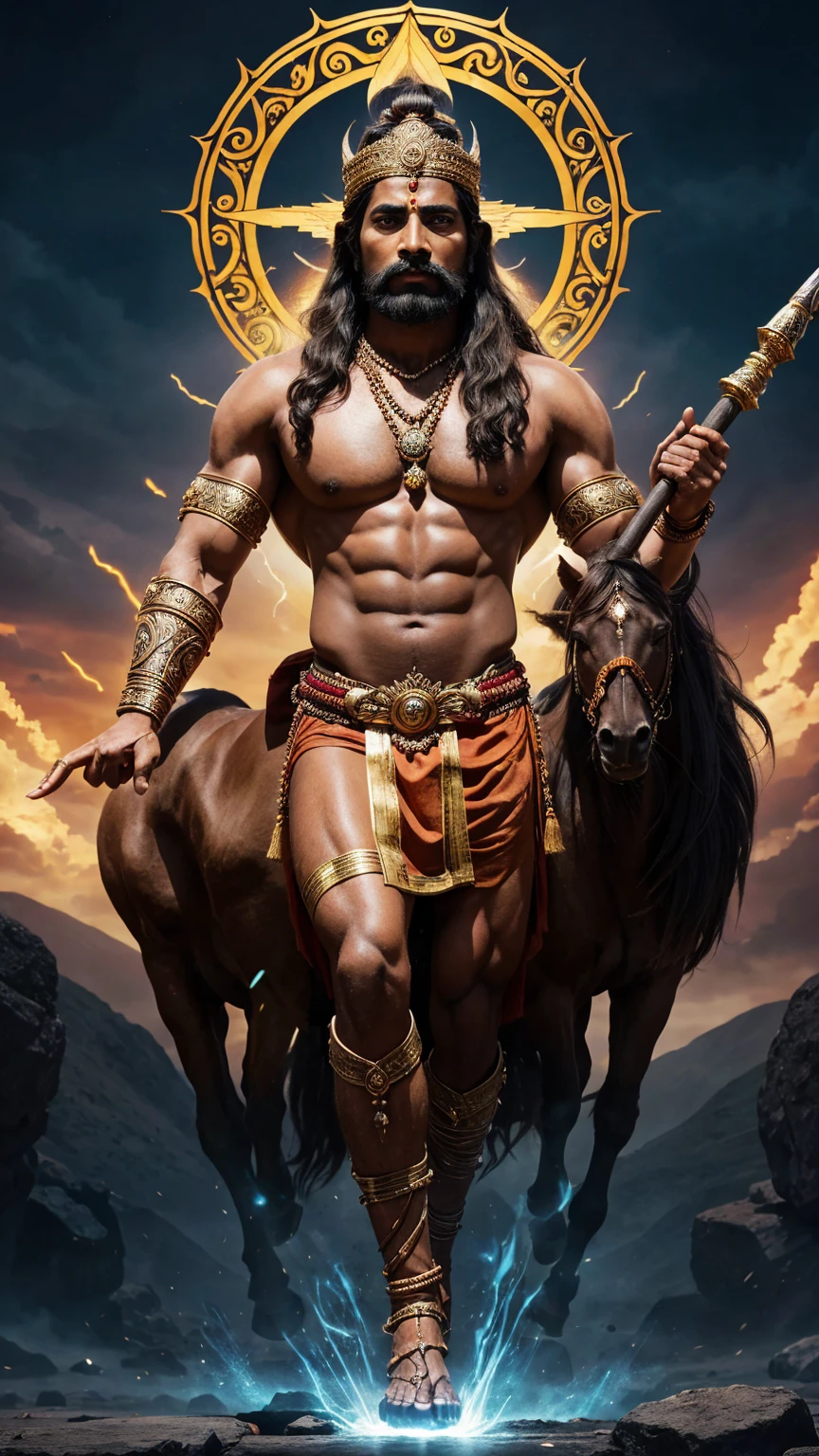 "Create an epic illustration featuring Kalki, the prophesied tenth avatar of Vishnu, at the center. Kalki is depicted as a majestic figure with a radiant, glowing body and a handsome, dark complexion. He is wearing divine, shining garments that reflect his supreme status and divinity. Kalki rides a magnificent white horse named Devadatta, holding a gleaming, celestial sword in his hand, symbolizing justice and power.

Surrounding Kalki are his principal warriors and divine allies:

1. **Hanumanji**: The devoted monkey god, Hanuman, stands strong and powerful with his characteristic mace, ready to assist Kalki. His form is muscular and exudes immense strength and loyalty.
   
2. **Raja Bali**: The noble and wise king Bali, depicted with regal attire and a calm, composed expression, represents his ancient wisdom and leadership.

3. **Ashwatthama**: The formidable warrior from the Mahabharata, Ashwatthama, is shown with his iconic gem on his forehead, symbolizing his immortality and unyielding strength.

4. **Parshuram**: The sixth avatar of Vishnu, Parshuram, appears as a fierce and austere figure with a battle-axe in his hand, embodying the spirit of righteous warfare.

5. **Veda Vyasa**: The great sage and author of the Mahabharata, Veda Vyasa, is shown with a wise and serene demeanor, holding ancient scriptures, symbolizing his immense knowledge and spiritual authority.

6. **Kripacharya**: The revered warrior and teacher from the Mahabharata, Kripacharya, is depicted with a noble and stern expression, ready to guide and protect.

7. **Vibhishan**: The righteous brother of Ravana, Vibhishan, stands with a calm and virtuous aura, representing justice and devotion.

The background is a dramatic battlefield with dark clouds and lightning, signifying the epic battle between good and evil. Divine light emanates from Kalki and his allies, contrasting with the ominous surroundings, highlighting their divine mission to restore Dharma.