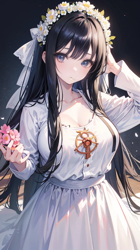 Anime girl with long black hair wearing a white shirt and a flower crown., beautiful animated portrait, awesome anime face portrait, beautiful anime girl, Kawaii realistic portrait, detailed portrait of anime girl, anime girl portrait, 3d realistic anime style, realistic Young anime girl, realistic anime art style, Young anime girl, anime realism style, Realistic anime art style big tits, dragon