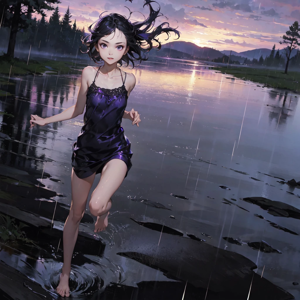 a thin girl with an exquisite, very beautiful face runs in the rain, purple wild sky, streams of rain, barefoot