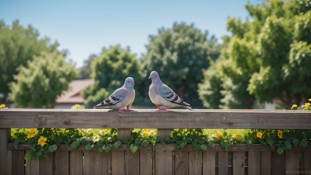 two pigeons on the fence, and in the background sunny day, to the background and flowers, blurred in the background, perfection in details, qualidade maxima, 8K