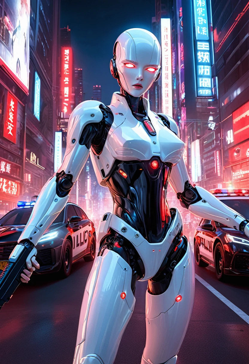 The story depicts a police android searching for criminals in the future.Androids are like androids made from mannequins.The body is The whole body is organic and white translucent.The head and face are just like a mannequin, with no emotion whatsoever.The translucent body emits a clear red neon light.Many beautiful mechanisms can be seen from the body.In one hand he The android starts running dynamically. holds a white translucent electromagnetic handgun,An eerie red light from the muzzle of a handgun.Night futuristic city background,There are numerous police cars with their patrol lights flashing and no-entry tape strung up all around.Ultra high quality, ultra high resolution(,Masterpiece, best quality, 16k:1.5).Ultra detail,Cinema lighting, ultra-fine painting,Professional photography,