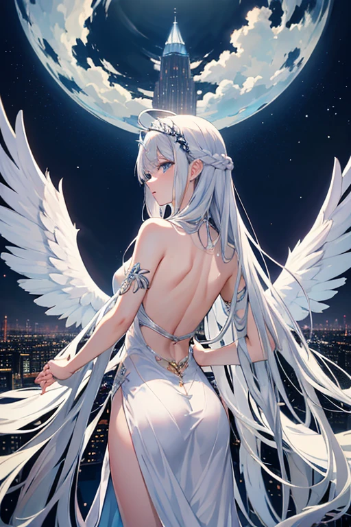 masterpiece, Highest quality, High resolution，Anime Style、Follow the prompts、Silver Hair、Long Hair、Angel、Halo、Three pairs of pure white wings growing from its back、Hold your hand、Hovering above the city、Overlooking the city、naked、I can see your back、