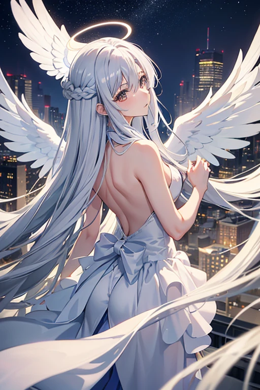 masterpiece, Highest quality, High resolution，Anime Style、Follow the prompts、Silver Hair、Long Hair、Angel、Halo、Three pairs of pure white wings growing from its back、Hold your hand、Hovering above the city、Overlooking the city、naked、I can see your back、