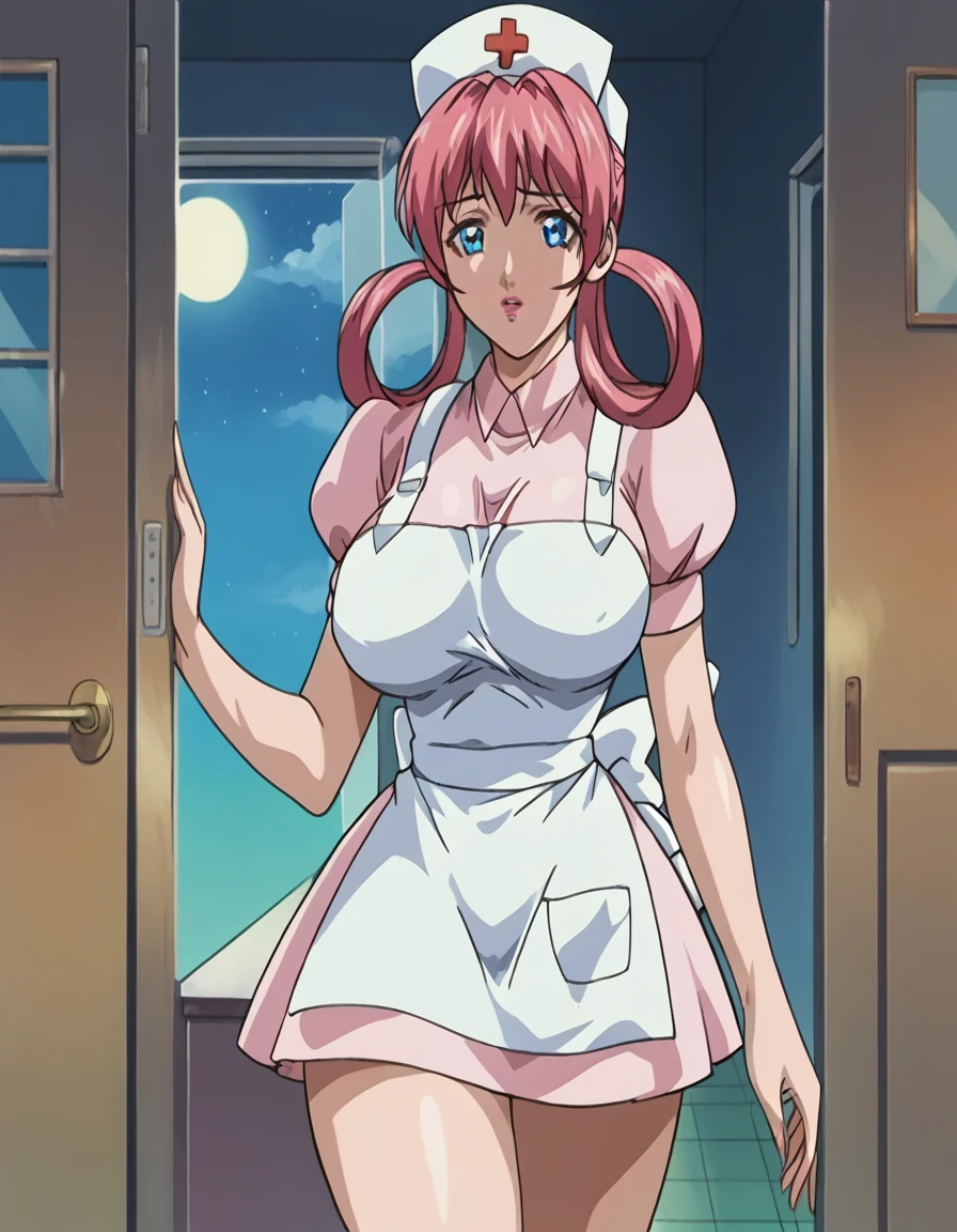 score_9, score_8_up, source_anime Bibl3, eppknursejoy, pink hair, blue eyes, long hair, large breasts, hair rings, bumper bangs, hat, dress, huge breasts, short sleeves, puffy sleeves, apron, puffy short sleeves, nurse cap, nurse, thong outline, raised eyebrows, detailed eyes, detailed face, puckered lips, full lips, vivid lips, huge breasts, breast expansion, wide hips, thick thighs, pretty woman, doorway of school infirmary, contrast lighting, night