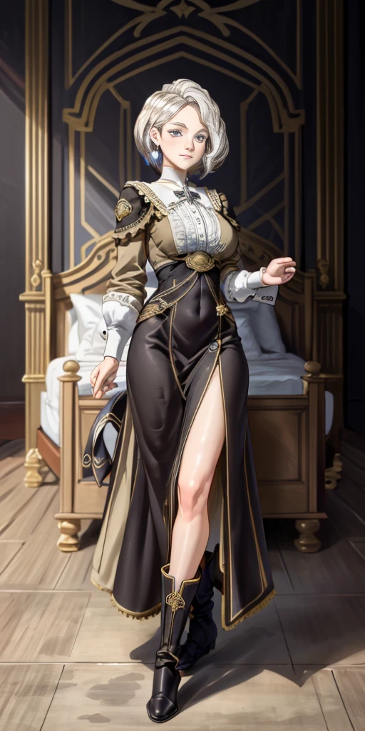 Setting: Royal bedroom - Grand, opulent, with rich fabrics and tapestries Character: Appearance: White hair - Short, styled in a sharp bob Full figure - Curvaceous Attire: High boots - Leather, reaching up the calves Elegant outfit - Befitting the royal setting (consider a dress, gown, or ensemble) Red tattoo - Delicate design on the navel Face - A confident smirk plays on her lips, eyes sparkling with amusement Pose: Full body - Standing tall Hands - Resting on hips in a commanding posture Additional details: (add to the background a four-poster bed, a plush rug, ornate furniture)