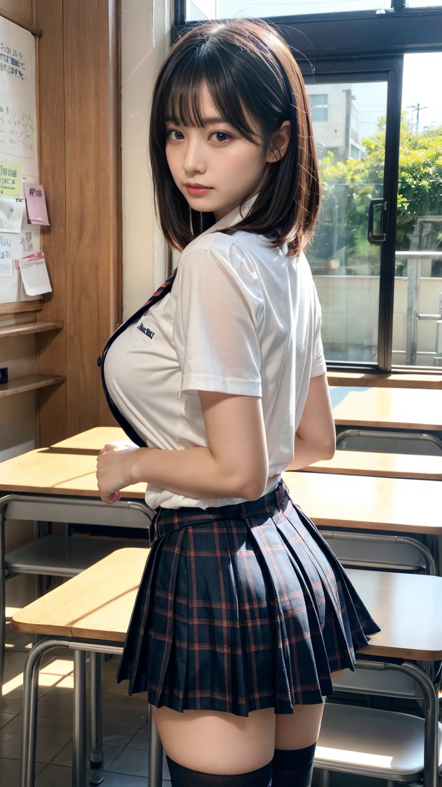 masterpiece, best quality, illustration, Super detailed, fine details, High resolution, 8K,wall paper, perfect dynamic composition,(Details High quality, realistic depiction of eyes:1.3), from side, High School Classroom、High school girl uniform、blazer 、Super Short Check Uniform Skirt、Navy blue high socks、garterbelts、Colossal tits、Disturbed uniform, short bob hair, black hair color, large breasts, Big Natural Color Lip, bold sexy pose, (perfect body shape), crying a little、cold gaze, Harajuku style、20 year old girl、cute type, beautiful legs, hposing Gravure Idol, Voluptuous thighs