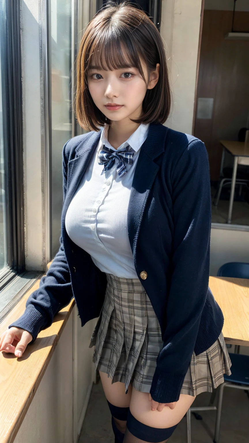 masterpiece, best quality, illustration, Super detailed, fine details, High resolution, 8K,wall paper, perfect dynamic composition,(Details High quality, realistic depiction of eyes:1.3), from side, High School Classroom、High school girl uniform、blazer 、Super Short Check Uniform Skirt、Navy blue high socks、garterbelts、Colossal tits、Disturbed uniform, short bob hair, black hair color, large breasts, Big Natural Color Lip, bold sexy pose, (perfect body shape), crying a little、cold gaze, Harajuku style、20 year old girl、cute type, beautiful legs, hposing Gravure Idol, Voluptuous thighs