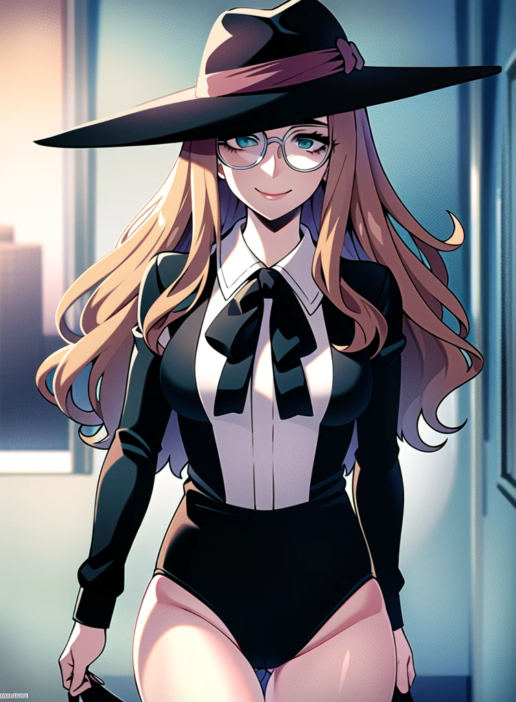 Masterpiece, Best Quality, ultra detailed, illustration, high resolution commission
(1 girl), Alone, Beautiful detailed eyes, cowboy shot ,sharp focus, bright Eyes, detailed eyes 4k, reflection in the eyes,
silvia sherwood, Expressionless, green eyes, black hats, has, glasses, leotard black, bare legs towards the viewer
(cheeky smile,:0.9),
looking at the viewer, model shoot style, (fcDetalleRetrato:0.8), [simple background:beautiful landscape:0.2], walking in the city,
