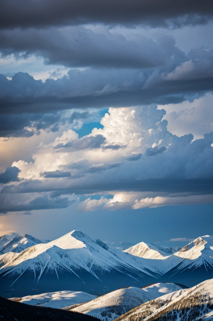 Split sky with 2 different colors and a lighting bolt on a snowy mountain