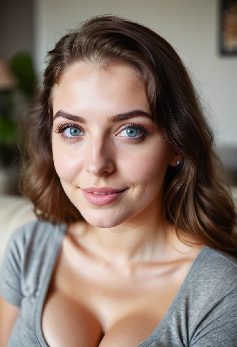 core_9, score_8_up, score_7_up, score_6_up, beautiful woman, cute face, shy, kinky smile, extreme ultra detailed perfect eyes, deepth colorful eyes, 20yo, nose blush, big breast, loose-fitting short sleeves, sitting in a couch, (head tilted) ,eyes contact, lot of desire for the viewer, side portrait , face focus , pov , indoor, inside home, in living room, ,RAW photo,realistic,volumetric lighting, depth of field,cinematic,close-up,