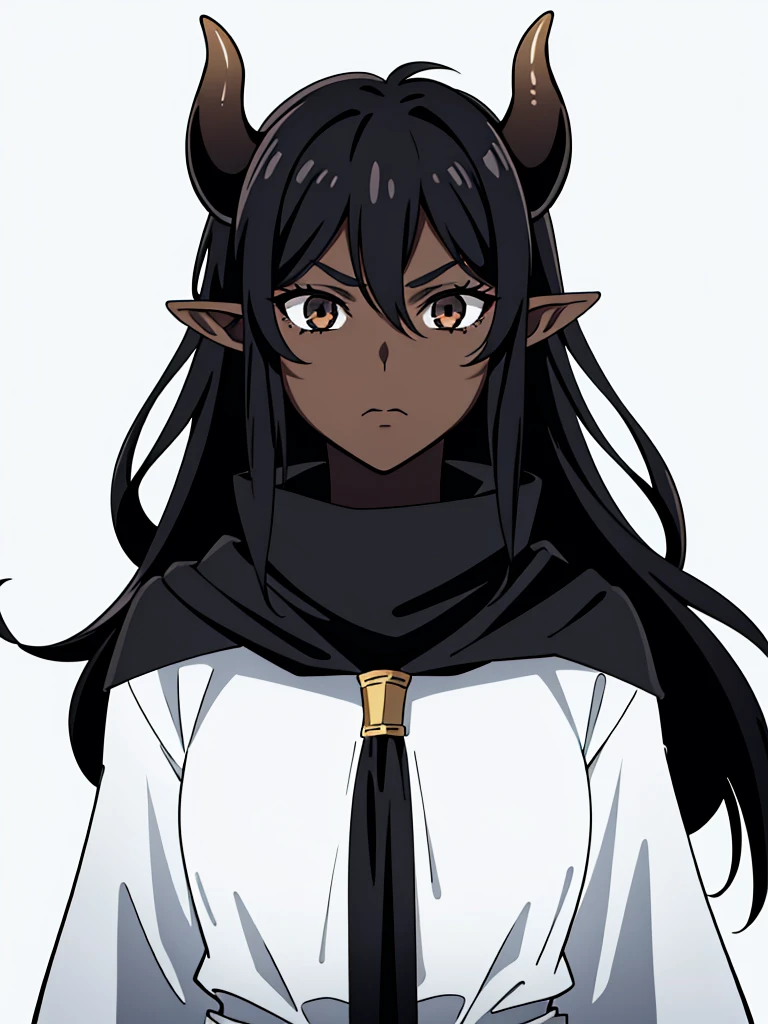 (1girl ,25s,,mature female),long hair, black hair,horns,elf ears,(black scarf),(((dark skin))),(white background, line drawing),serious,portrait