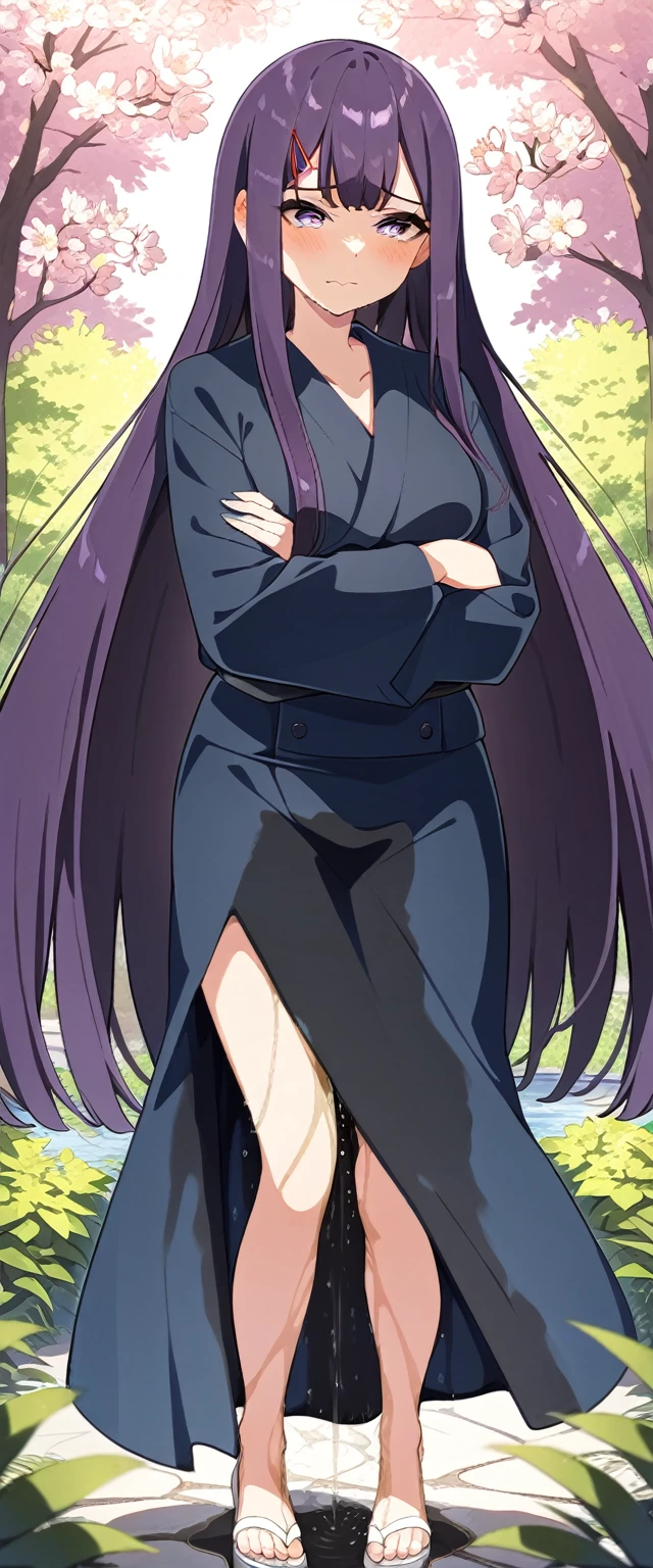 (masterpiece:1.37), best quality, (extremely detailed:1.37), (1girl:1.5), woman, (mature:1.5), (adult:1.5), large breasts, very long hair, (straight hair:1.5), (very dark purple hair:1.5), purple eyes, (extremely detailed eyes:1.37), furisode, desperation, (wetting self:1.5), standing, (crossed arms:1.5), embarrassed, humiliation, blushing, angry, cherry blossoms, garden, (golden hour:1.5), full body