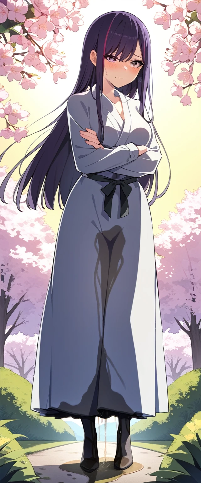 (masterpiece:1.37), best quality, (extremely detailed:1.37), (1girl:1.5), woman, (mature:1.5), (adult:1.5), large breasts, very long hair, (straight hair:1.5), (very dark purple hair:1.5), purple eyes, (extremely detailed eyes:1.37), (furisode:2.0), desperation, (wetting self:1.5), standing, (crossed arms:1.5), embarrassed, humiliation, blushing, angry, cherry blossoms, garden, (golden hour:1.5), full body