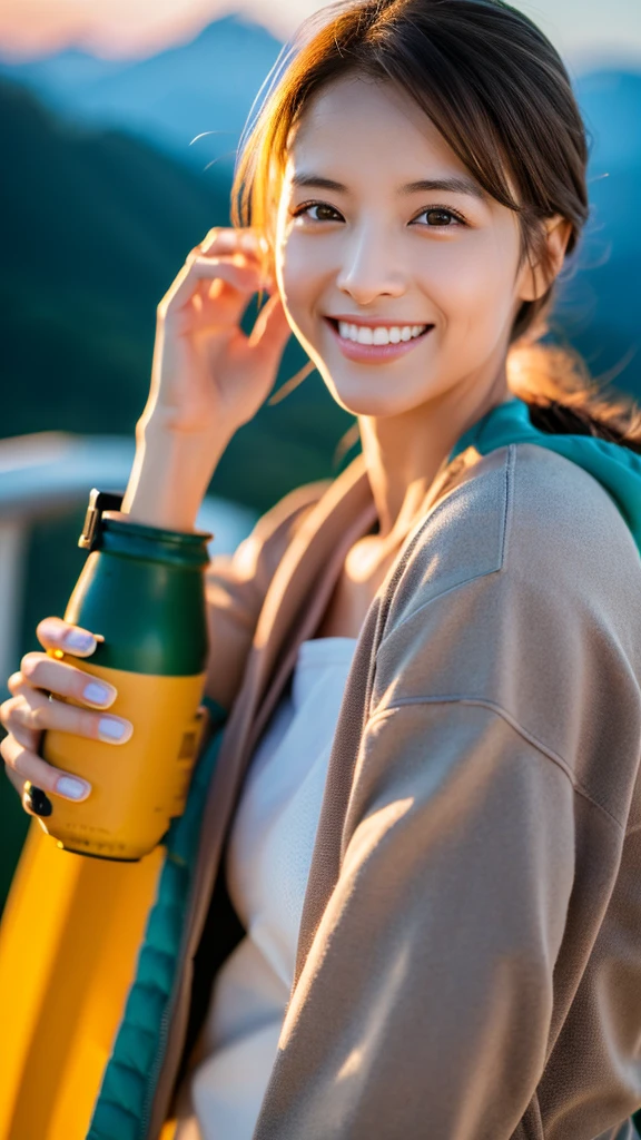 8K,Japanese woman watching the sunset,Super Beauty(Like the real thing),nice,Middle-aged women,Mountain Observation Deck,Portraiture, The perfect angle、Professional quality high resolution、Perfect contrast、Perfect lighting、Perfect composition、Perfect Skin、Perfect Fingers、Perfect breasts、Perfect Hair、Perfect Face、Realistic Facial Features,masterpiece,Photorealistic raw photos,Bright colors,Rich colors,50mm lens,Nikon D850,Highest quality,Slim figure,Perfect body line,Perfect hand shape,Anatomical Body Balance,Highly detailed face,Highly detailed eyes,Beautiful Lips,Excellent light particles,Cinema Lighting,Outdoor Clothing,compensate,Outdoor Clothing,smile,I have a beer,Realistic beer,