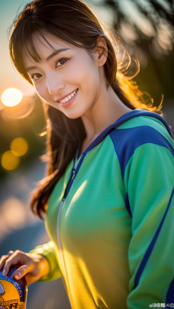 8K,Japanese woman watching the sunset,Super Beauty(Like the real thing),nice,Middle-aged women,Mountain Observation Deck,Portraiture, The perfect angle、Professional quality high resolution、Perfect contrast、Perfect lighting、Perfect composition、Perfect Skin、Perfect Fingers、Perfect breasts、Perfect Hair、Perfect Face、Realistic Facial Features,masterpiece,Photorealistic raw photos,Bright colors,Rich colors,50mm lens,Nikon D850,Highest quality,Slim figure,Perfect body line,Perfect hand shape,Anatomical Body Balance,Highly detailed face,Highly detailed eyes,Beautiful Lips,Excellent light particles,Cinema Lighting,Outdoor Clothing,compensate,Outdoor Clothing,smile,I have a beer,Realistic beer,