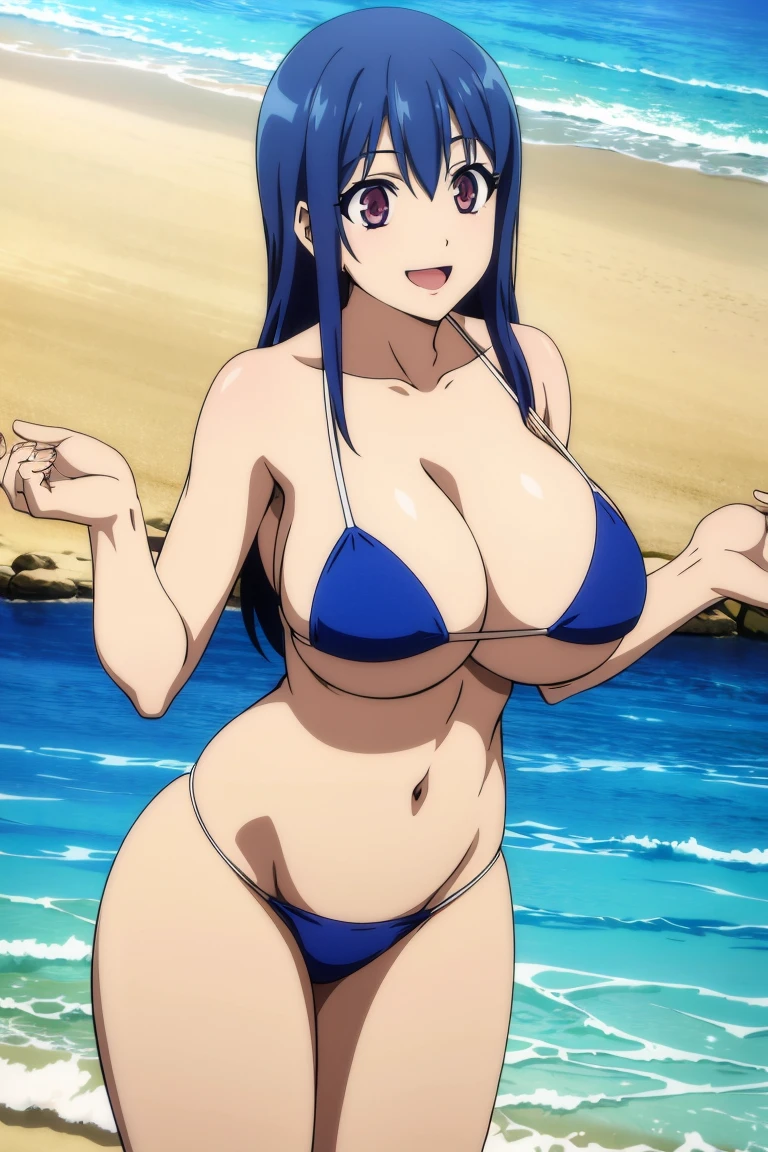 tickling her navel, Mesa, Best Quality,1 girl in, (Alone:1.3),blue hair color、wide、(huge breasts:1)、Bikini,a smile、opening your mouth、the beach
