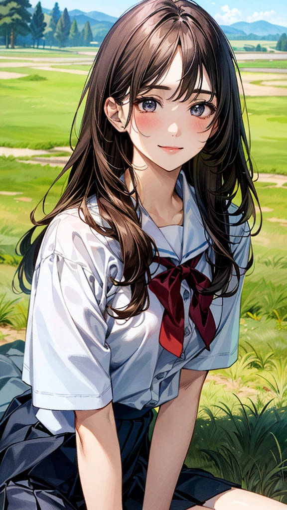 (masterpiece:1.2, top-quality, ultra high res, ultra detailed), (realistic, photorealistic:1.4), beautiful illustration, (natural side lighting, movie lighting),
looking at viewer, (face focus, upper body), 1 girl, japanese, high school dirl, perfect face, (perfect anatomy), cute and symmetrical face, baby face, shiny skin, slender
(long hair:1.5, straight hair:1.2, sark brown hair), parted bangs, grey eyes, long eye lasher, (medium breasts),
beautiful hair, beautiful face, beautiful detailed eyes, beautiful clavicle, beautiful body, beautiful chest, beautiful thigh, beautiful legs,
((detailed cloth texture, short sleeve white collared shirts, navy blue pleated mini skirt, red neck ribbon), , ,
(beautiful scenery), hands on chest, (lovely smile, upper eyes),
In a grassy meadow, a girl is on all fours, being held by a large dog in heat from behind, on her back, and mating.
Her face is bright red and she looks embarrassed.
The skirt was so short that it was almost impossible to see.