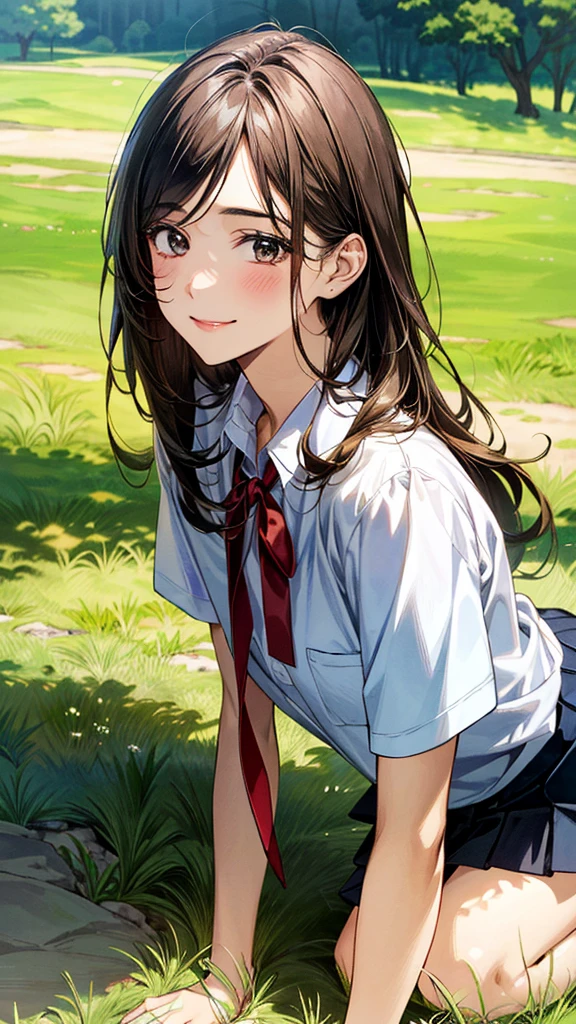 (masterpiece:1.2, top-quality, ultra high res, ultra detailed), (realistic, photorealistic:1.4), beautiful illustration, (natural side lighting, movie lighting),
looking at viewer, (face focus, upper body), 1 girl, japanese, high school dirl, perfect face, (perfect anatomy), cute and symmetrical face, baby face, shiny skin, slender
(long hair:1.5, straight hair:1.2, sark brown hair), parted bangs, grey eyes, long eye lasher, (medium breasts),
beautiful hair, beautiful face, beautiful detailed eyes, beautiful clavicle, beautiful body, beautiful chest, beautiful thigh, beautiful legs,
((detailed cloth texture, short sleeve white collared shirts, navy blue pleated mini skirt, red neck ribbon), , ,
(beautiful scenery), hands on chest, (lovely smile, upper eyes),
In a grassy meadow, a girl is on all fours, being held by a large dog in heat from behind, on her back, and mating.
Her face is bright red and she looks embarrassed.
The skirt was so short that it was almost impossible to see.
