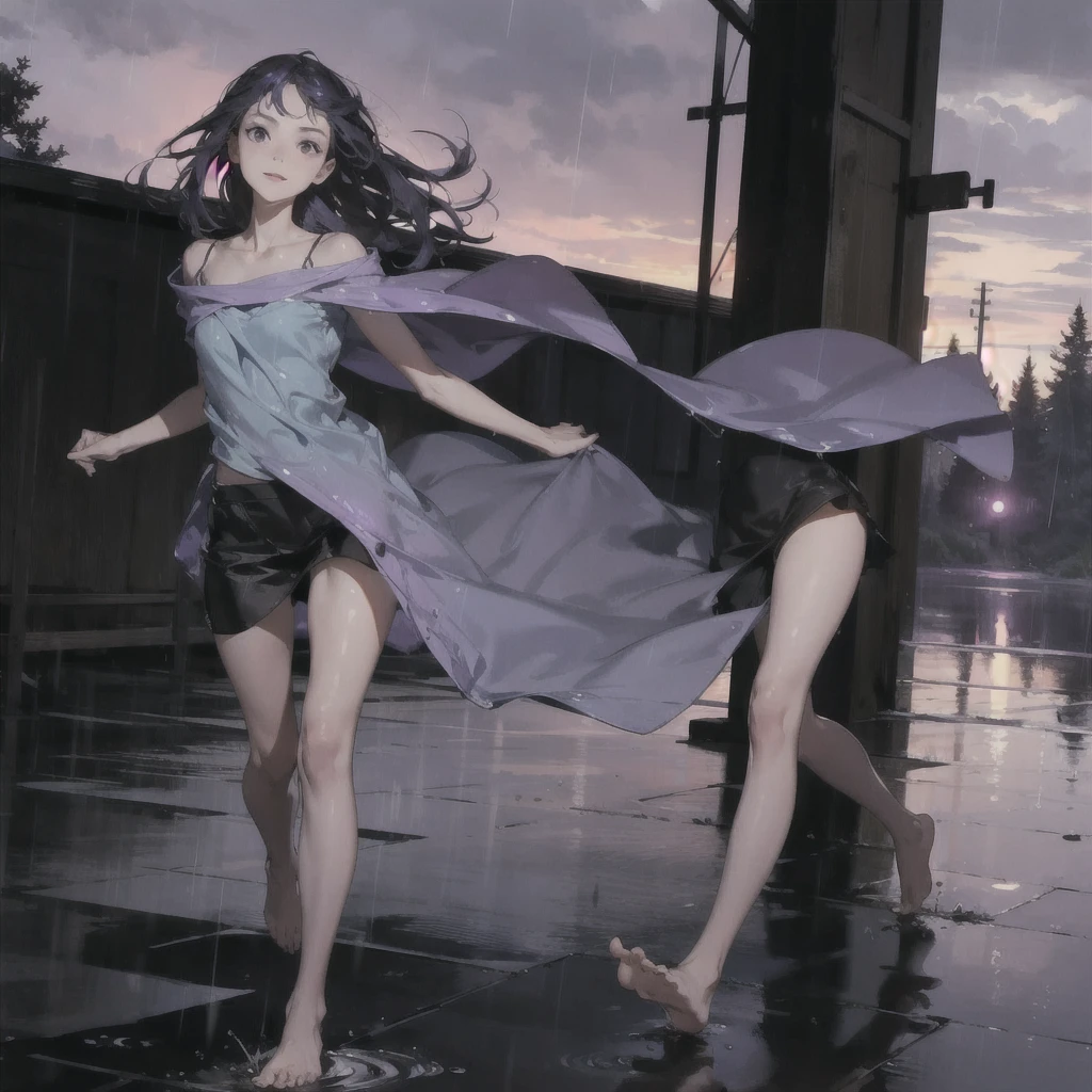 a thin girl with an exquisite, very beautiful face runs in the rain, purple wild sky, streams of rain, barefoot
