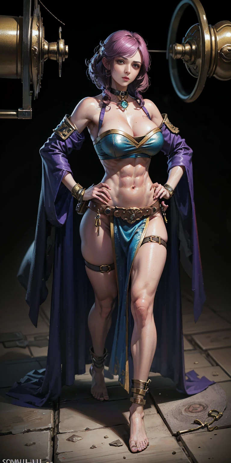 full body toe to head, masterpiece, 1soloMILF BIMBO standing loincloth pose hands on hips, leather collar choker neck bell shackles wristbands bracers bracelets sleeves and stockings, strong body, abs, shiny skin (masterpiece, best quality) 1girlsolo wearing 40K Warhammer sisters of battle whsororitas (plain background)