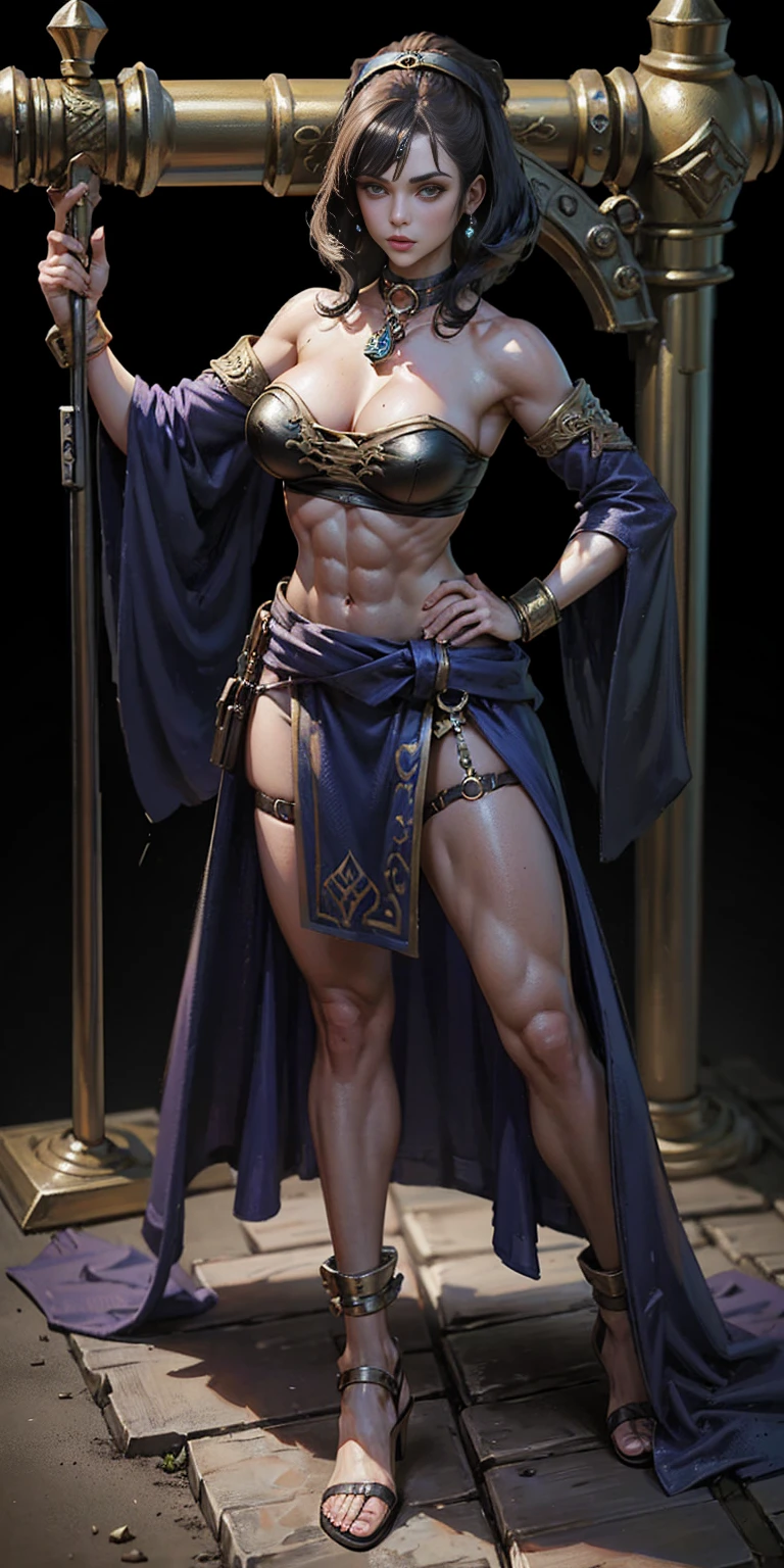 full body toe to head, masterpiece, 1soloMILF BIMBO standing loincloth pose hands on hips, leather collar choker neck bell shackles wristbands bracers bracelets sleeves and stockings, strong body, abs, shiny skin (masterpiece, best quality) 1girlsolo wearing 40K Warhammer sisters of battle whsororitas (plain background)