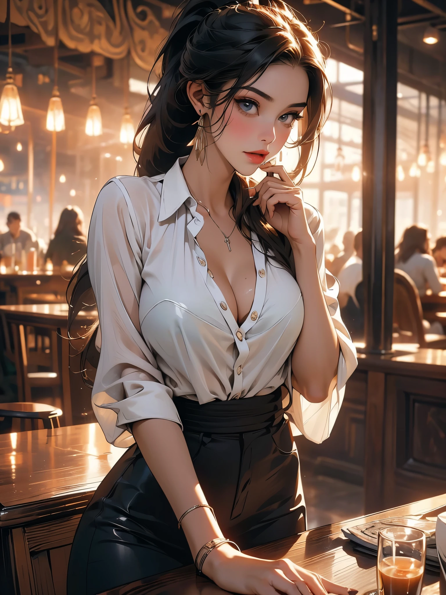 (in perspective) a beautiful sexy brunette woman, perfect 23 year old secretary, straight hair and ponytail, white, oily, silky skin (moist) fleshy lips, (photorealisitic:photorealisitic, Masterpiece 8k), big breasts wearing a tight white shirt (emphasis on breasts), sitting at a table in a restaurant holding a cup of coffee (hyperrealisitic: realisitic, environment with intricate details),  with a sensual line on her face: (texture and environment professional photography pure perfect lighting).