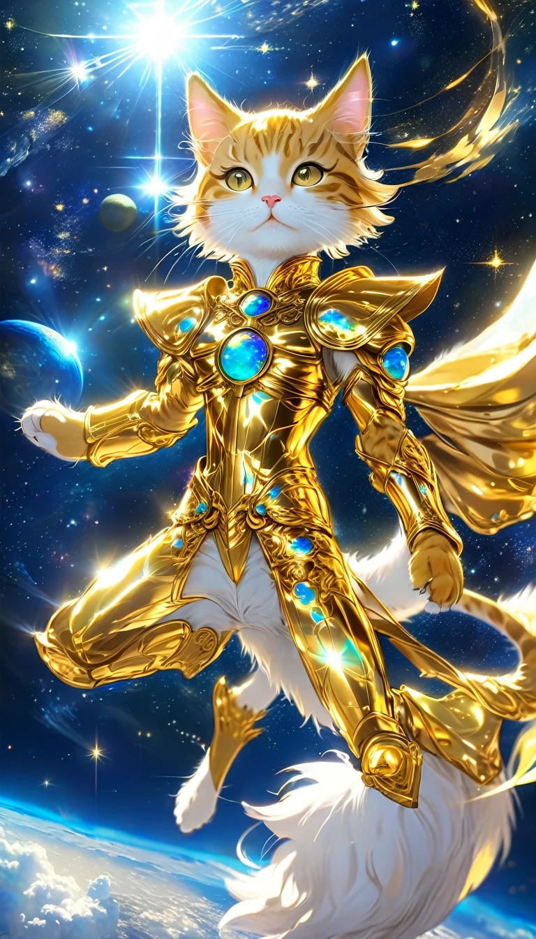((8K)), Highest quality, 超high resolution, (high resolution),A cat dressed in the Gold Saint outfit from the Saint Seiya anime., Floating in the vast space. The cat's armor shone brightly., reflecting the stars around