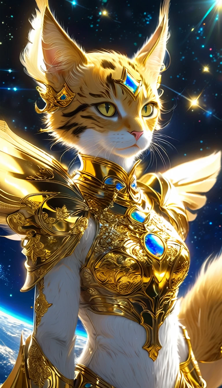 ((8K)), Highest quality, 超high resolution, (high resolution),A cat dressed in the Gold Saint outfit from the Saint Seiya anime., Floating in the vast space. The cat's armor shone brightly., reflecting the stars around