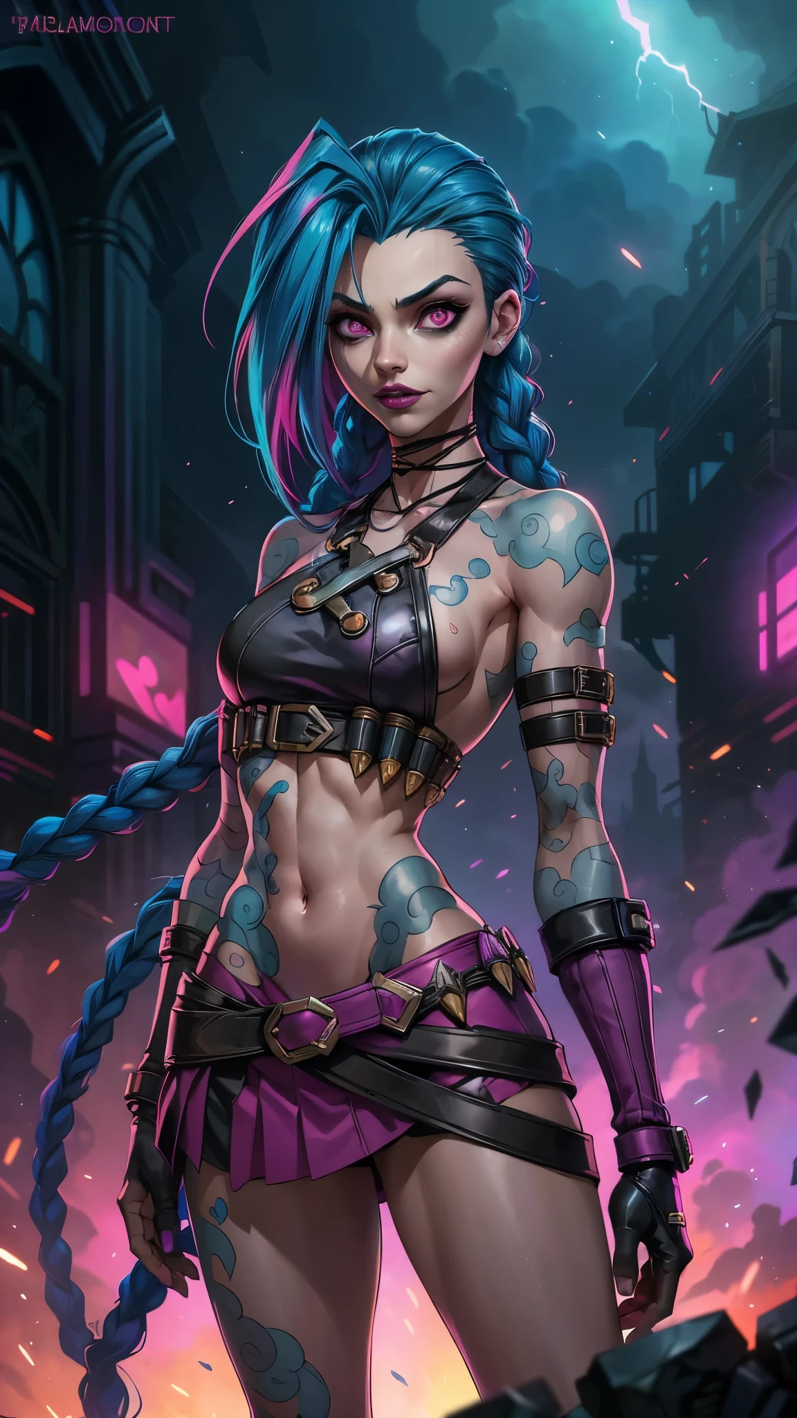 jinx arcane, uma mulher com hair blue e tatuagens, cyberpunk woman anime woman,(mini skirt pink :1.4) , pants, Beautiful angry cyberpunk goddess, cyberpunk artstyle, cyberpunk anime digital art, cyberpunk anime art, Arcane Jinx Retrato, cyberpunk anime art, cyberpunk themed art, cyberpunk dark fantasy, arcane style, 1 girl, cloud tattoo on the arm, asymmetrical bangs, bangss, hair blue, blue braids, brown shirt, cloud tattoo, sideways, hair blue, long hair, pink eyes, Red lips, standing , cloud tattoo, Twin braids. Arcane Jinx. Jinx in a burning place, spark, spheres of light, Film Poster, Jinx, Arcane\(league of legends\, Epic Fantasy Art Style HD, 4K fantasy art, epic fantasy digital art style, epic fantasy art style, Fantasy Woman, epic fantasy art portrait, Epic fantasy style, hyperrealistic fantasy art, hd fantasy art, Epic fantasy character art, epic fantasy art, in style of dark fantasy art, epic fantasy digital art, ,(Fondo de ruinas de mazmorra en ruinas:1.4 ),( face detailed :1.4), (anatomía perfecta :1.4),( iluminación cinematográfica :1.4), (Jinx League of legends:1.4) 