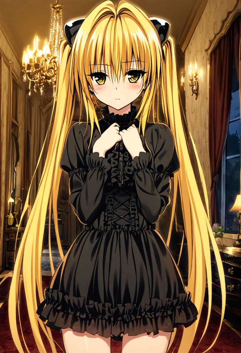 One girl, yami,to love-ru, perfect body,blonde Hair, Long Hair,twintails, yellow eyes,black gothic frilled dress,mansion,chandelier,novel atmosphere,cowboy shot,
break,low-key lighting, (moody ambiance):1.2, dark shadows, subtle highlights, mysterious aura
