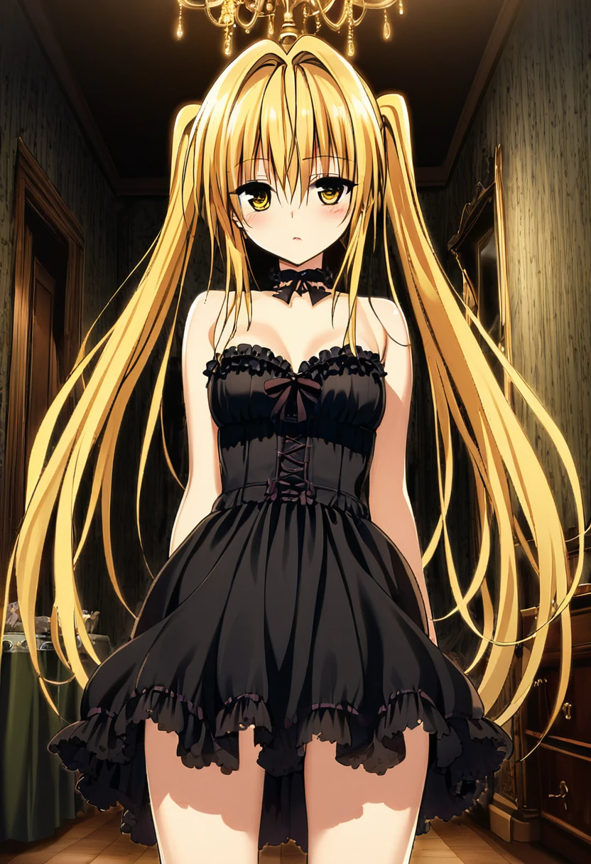 One girl, yami,to love-ru, perfect body,blonde Hair, Long Hair,twintails, yellow eyes,black gothic frilled dress,mansion,chandelier,novel atmosphere,cowboy shot,
break,low-key lighting, (moody ambiance):1.2, dark shadows, subtle highlights, mysterious aura