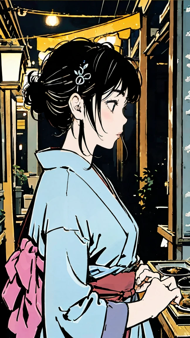 fair、shrine、yukata、Black Hair、profile、Shortcuts、girl、night、Lantern Light、