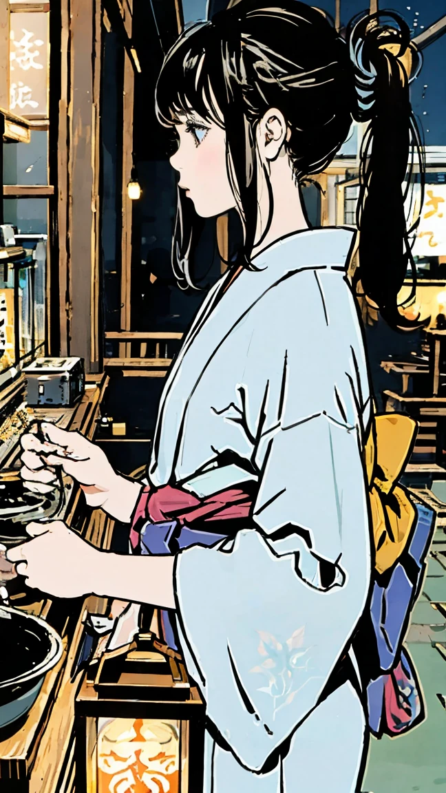 fair、shrine、yukata、Black Hair、profile、Shortcuts、girl、night、Lantern Light、