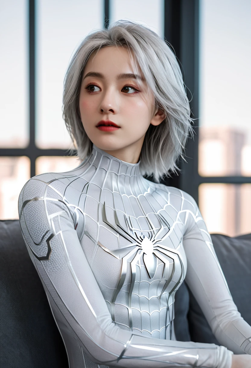 (Extreme Detail CG Unity 8K wallpaper, masterpiece, highest quality), (Exquisite lighting and shadow, highly dramatic picture, Cinematic lens effect), a girl in a white Spider-Man costume, silver gray hair color, from the Spider-Man parallel universe, Wenger, Marvel, Spider-Man, sitting on the couch, dynamic pose), (excellent detail, excellent lighting, wide angle), (excellent rendering, enough to stand out in its class), focus on white Spider-Man costumes, complex spider textures