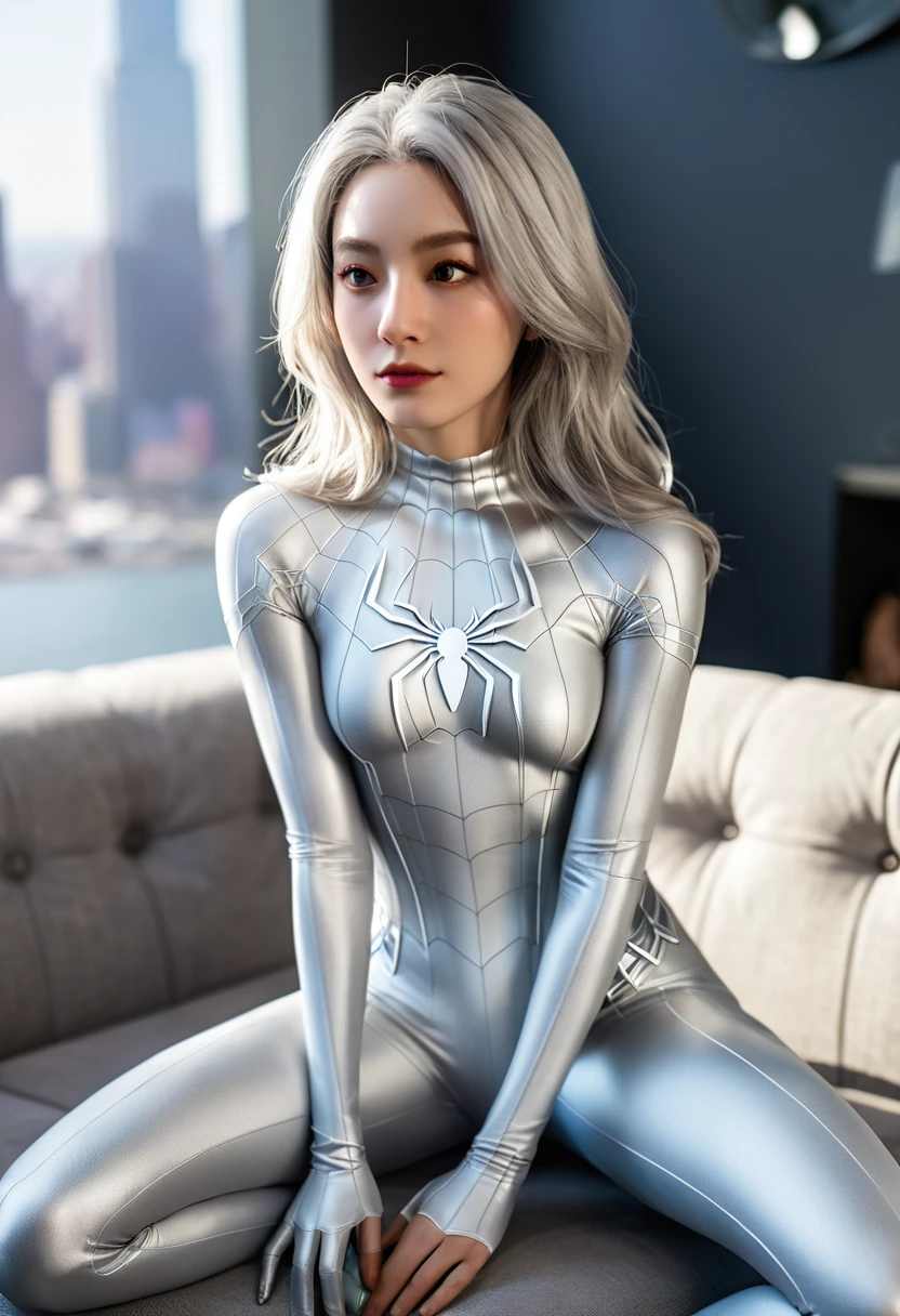 (Extreme Detail CG Unity 8K wallpaper, masterpiece, highest quality), (Exquisite lighting and shadow, highly dramatic picture, Cinematic lens effect), a girl in a white Spider-Man costume, silver gray hair color, from the Spider-Man parallel universe, Wenger, Marvel, Spider-Man, sitting on the couch, dynamic pose), (excellent detail, excellent lighting, wide angle), (excellent rendering, enough to stand out in its class), focus on white Spider-Man costumes, complex spider textures