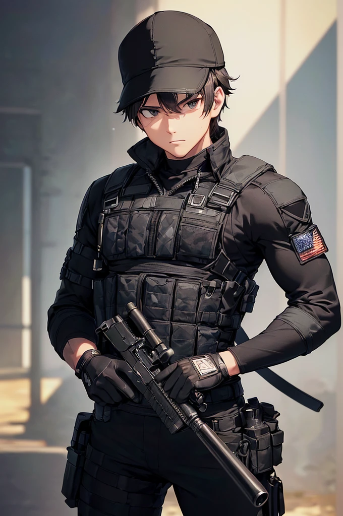 (((masterpiece; best quality: 1.2))), (finely detailed eyes: 1.3), (25 year old man), (solo), (black eyes: 1.4), (body; muscular, fit, masculine: 1.3), (short brown hair: 1.3), (beautiful and clear background: 1.2), ((depth of field)), (equipment: spec ops full black tactical combat-ready gear + black gloves + black baseball cap + holstered gun + pouches: 1.3), (anime illustration: 1.2), (background composition; military base office: 1.1), (extremely fine and handsome: 1.1), (shot composition; standing + centered on torso + close-up: 1.5), (expression; calm, stoic: 1.2)