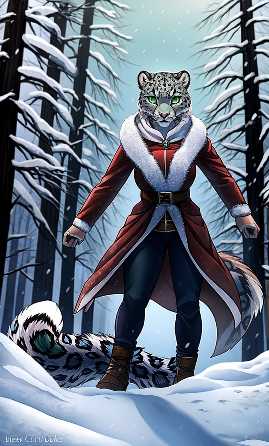 female, Snow leopard, white fur, emerald green eyes, killer, snow, blood, fierce, scary.