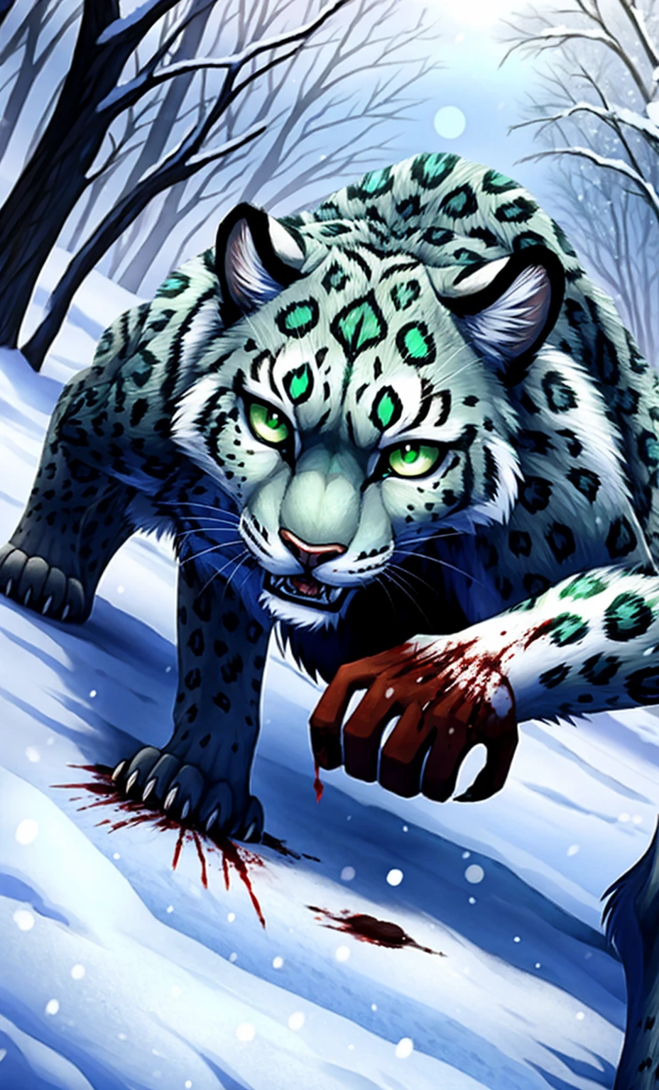 female, Snow leopard, white fur, emerald green eyes, killer, snow, blood, fierce, scary.
