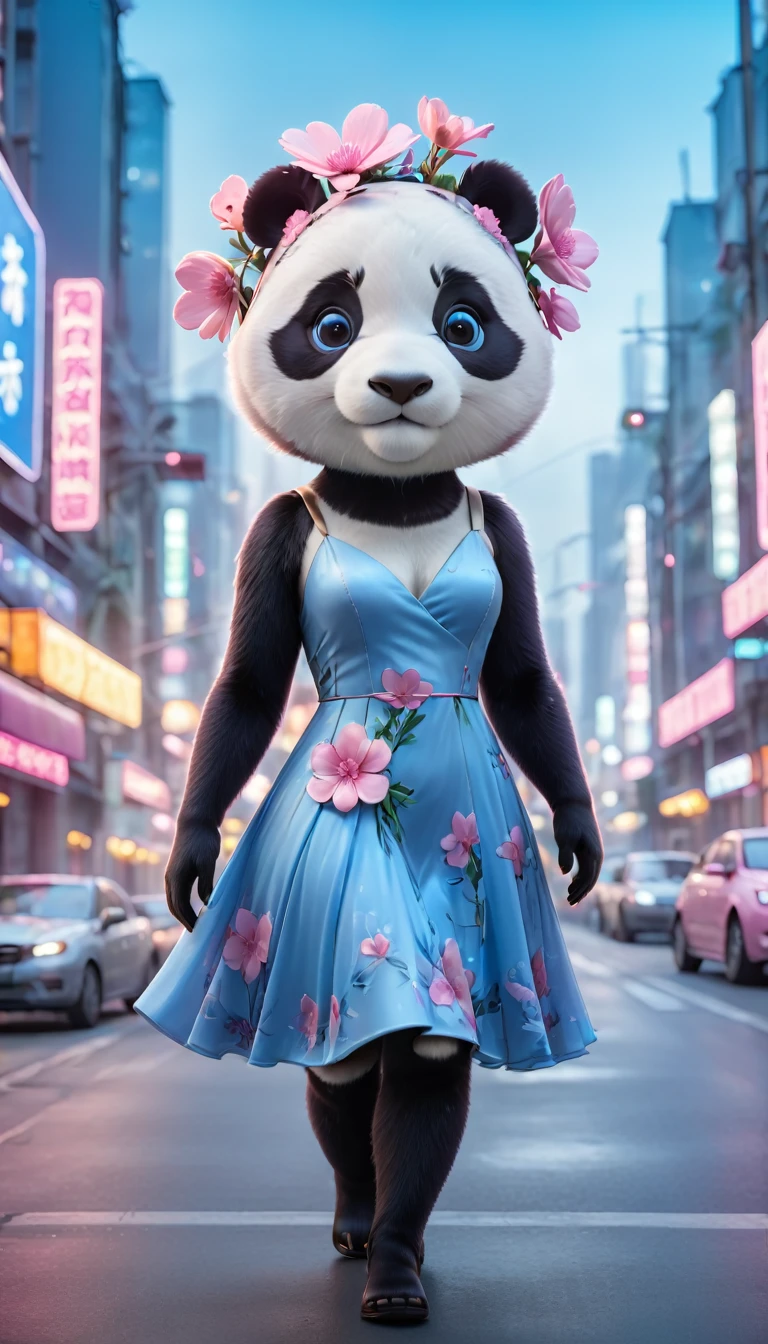 (Panda in urban light blue flared dress: 1.5), (Panda with pink flower on head: 1.5), Standing on the road in a high-tech cityscape with neon lights and holographic signs. Background has a high-tech feel. Lovely digital painting, 3D rendering, bright lighting, vibrant colors.
