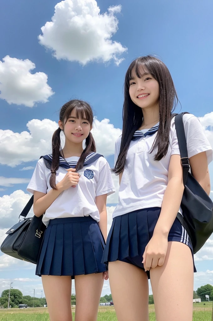 {1 | 2 | 3} girls standing in school field,cumulonimbus cloud in summer sky,navy blue speedo swimming briefs,white sailor shirt over,school bag,18-year-old,bangs,a little smile,thighs,knees,short hair with low pigtails bunches,from below,front light