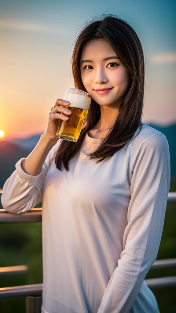 8K,Japanese woman watching the sunset,Super Beauty(Like the real thing),nice,Middle-aged women,Mountain Observation Deck,Portraiture, The perfect angle、Professional quality high resolution、Perfect contrast、Perfect lighting、Perfect composition、Perfect Skin、Perfect Fingers、Perfect breasts、Perfect Hair、Perfect Face、Realistic Facial Features,masterpiece,Photorealistic raw photos,Bright colors,Rich colors,50mm lens,Nikon D850,Highest quality,Slim figure,Perfect body line,Perfect hand shape,Anatomical Body Balance,Highly detailed face,Highly detailed eyes,Beautiful Lips,Excellent light particles,Cinema Lighting,Outdoor Clothing,compensate,Outdoor Clothing,smile,I have beer,Realistic beer,
