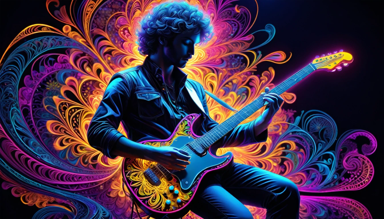 Black Light Art,(masterpiece, Highest quality, The best quality at its best, Official Art, Beautiful and beautiful:1.2), (One guitarist:1.3), Very detailed,(Fractal Art:1.2),colorful,Most detailed,( Zentangle neon light:1.2), (Dynamic Pose), (Abstract background neon lights:1.5), (Many colors:1.4), neon,16K,Full HD
